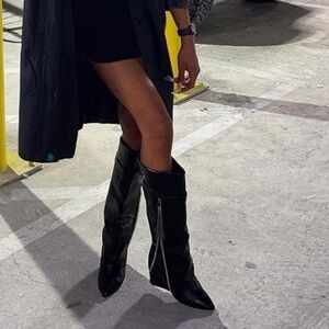 Fold over black tall wedge heel tassels slip on zipper detail NWT size 9 vegan